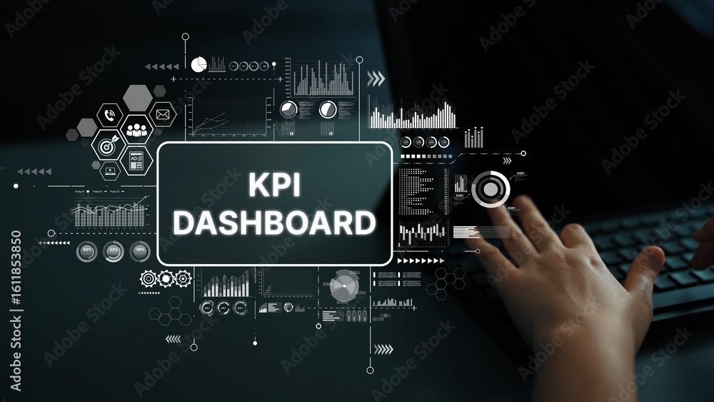 Poster modern business analytics with kpi dashboard and data visualizations for effective decision making. 