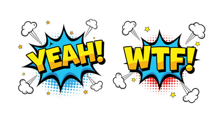 Comic Book Style Speech Bubbles with Expressions Yeah and WTF Isolated