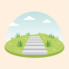 Illustrated stone staircase ascending a small grassy hill with green tufts.