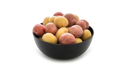 Close-up of a pile of red and yellow potatoes in a bowl, on a white background.