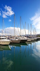 A vibrant marina scene with yachts reflecting in the water under a partly cloudy sky