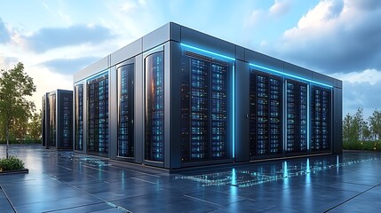 Modern data center with rows of servers illuminated by blue led lights under a dramatic cloudy sky reflecting on wet ground