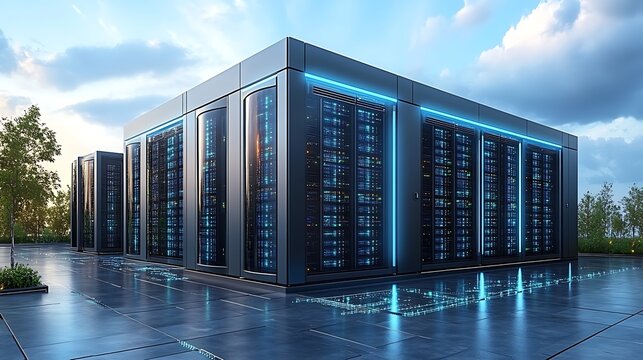 Modern data center with rows of servers illuminated by blue led lights under a dramatic cloudy sky reflecting on wet ground
