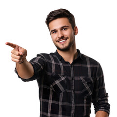 Handsome young man pointing away isolated on transparent background