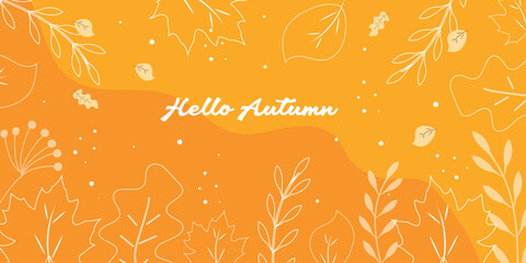 Autumn fall banner. Autumnal cozy card. Leaves on yellow background. Vector illustration