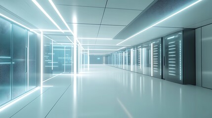 Futuristic glowing blue server room corridor with modern technology and data storage racks creating a high tech environment
