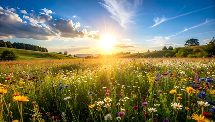A vibrant meadow bathed in golden sunset light