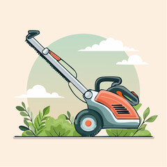 Fototapeta premium Modern electric hedge trimmer illustration with wheels an orange body and a long serrated cutting blade.