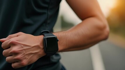 Checking watch, active man checks fitness tracker on his wrist outdoors. Modern smart watch used by athlete to track running data. Checking watch is essential part of training, - Powered by Adobe
