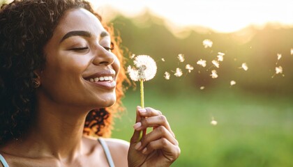 Smiling woman blowing dandelion seeds in golden sunlight, eyes closed in peaceful moment