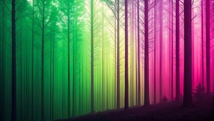Fantasy forest illustration with colorful trees in green and pink gradient glowing light

