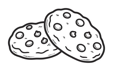 Whimsical Chocolate Chip Cookies Featuring Hand Drawn Style Black Outlines and Cartoonish Appearance Displayed on White Background