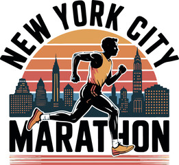 New York City Marathon T-shirt design, Dram City t shirt print design, Manhattan bridge , skyline city with beach aside , Brooklyn city. Illustration city graphic drawing. T-shirt.