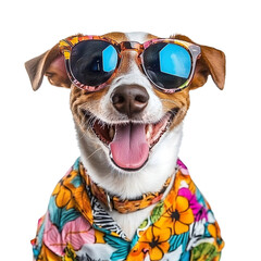 Happy dog in sunglasses and colorful shirt isolated on transparent background