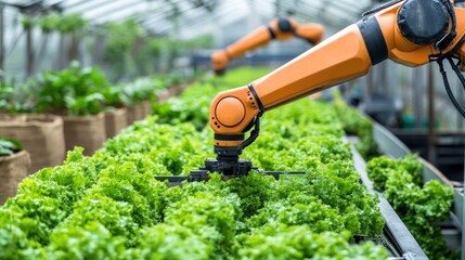 Orange robotic arms harvest lettuce in a greenhouse