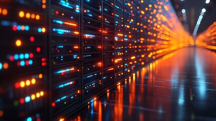 Abstract digital data stream with glowing neon lights reflecting on a wet futuristic floor creating a vibrant technological tunnel effect