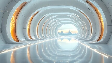 Fototapeta premium Futuristic illuminated modern architectural tunnel with glowing orange accents leading to a bright city skyline vista