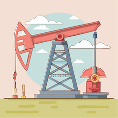 Stylized red and blue oil pump jack in a flat design illustration style.