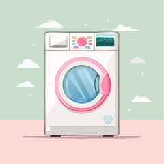Stylish cartoon washing machine with pink accents and a digital control panel.