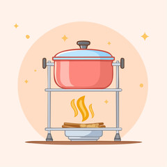 A cute cartoon red cooking pot with a blue lid on a portable metal stand gently heated by a small wood fire.