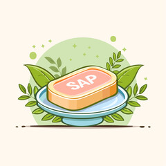 Cartoon illustration of an orange soap bar with SAP text on a blue dish with green leaves.