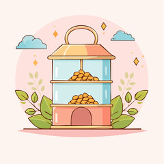 Cute cartoon two-tier bird feeder with a pink base transparent sections and a golden roof.