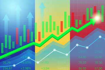 Romania Economy. Flag of Romania with Rising Financial Graph. Economic Growth and Development Concept. Vector Illustration.  