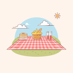 Charming cartoon picnic with a wicker basket pancakes and juice on a red checkered blanket.