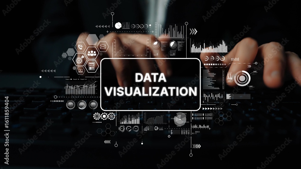 Poster data visualization concept with hands on keyboard and graphical elements for digital analysis and re