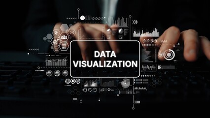 Data Visualization Concept with Hands on Keyboard and Graphical Elements for Digital Analysis and...
