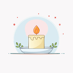 A charming cartoon illustration of a lit candle with melting wax resting on a saucer with green leaves.