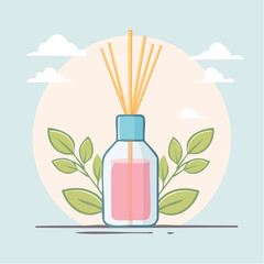 Aromatic reed diffuser illustration with pink essential oil wooden sticks and fresh green leaves.
