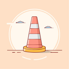 Pastel pink and white striped traffic cone illustration with a yellow base flat line art style.