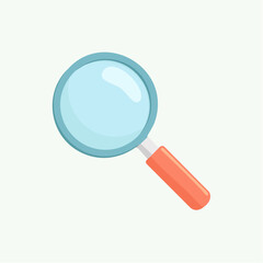 Stylized cartoon magnifying glass with a light blue frame reflective lens and a coral-orange handle.