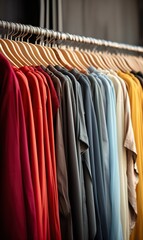 Obraz premium Row of different female clothes hanging on rack in hipster fashion show room in shopping mall. Trendy women wear