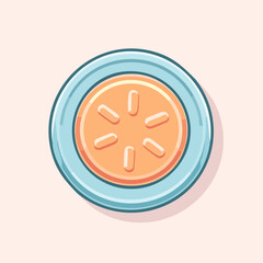 A round glossy cartoon candy with an orange center seed pattern and a light blue rim.