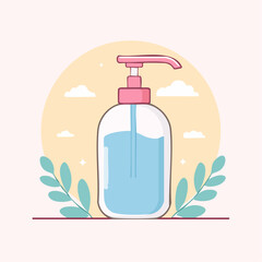 Illustrated transparent pump bottle with a pink dispenser filled with light blue hand sanitizer liquid.
