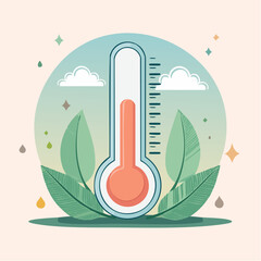 Stylized weather thermometer showing a warm temperature surrounded by lush green leaves.