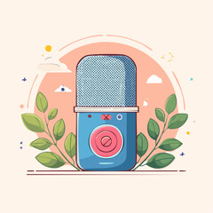 Stylized blue podcast microphone with a large pink button and leafy green accents.