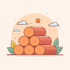 A neat pyramid stack of six cartoon wooden logs with reddish bark and orange growth rings.
