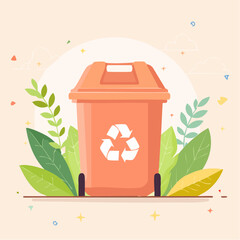 Eco-friendly orange recycling container with a white arrow symbol nestled among vibrant green and yellow leaves.