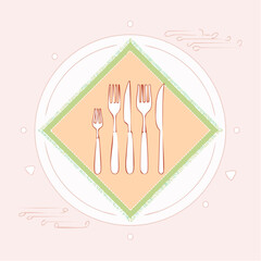Minimalist line art of a dinner place setting with forks and knives on a green-fringed diamond-shaped napkin.