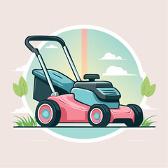 Modern pink and blue push lawnmower with a grass catcher depicted in a flat vector style.