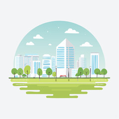 Modern urban park illustration with a green lawn trees and a minimalist city skyline.