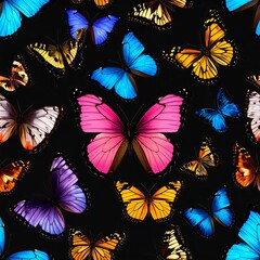 A vibrant pattern of various colorful butterflies against a black background