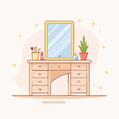 Cute illustrated wooden vanity table with a large mirror makeup brushes and a potted plant.