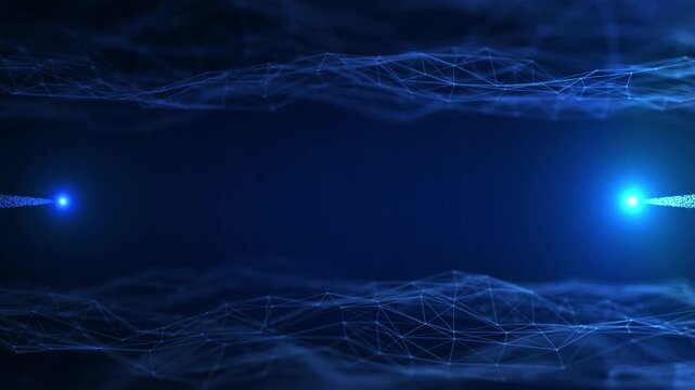 Futuristic technology concept showing a digital core or energy fusion point with glowing particles converging towards a central target. Surrounded by dynamic blue data lines. Seamless loop.