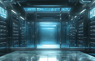 Futuristic digital server room with glowing blue lights and metallic architecture creating a high tech data center environment