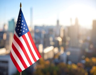 Naklejka premium American flag over city skyline