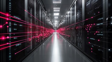 Illuminated server room aisle with glowing red data streams representing digital information flow and technology infrastructure